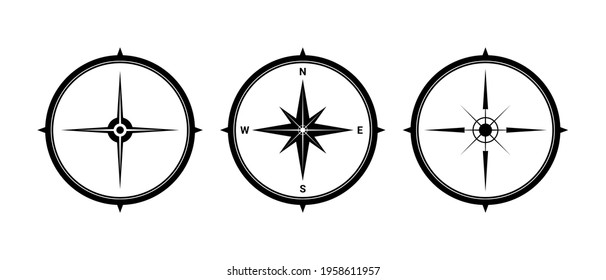 Black compass symbol for mapping. North sign set. 