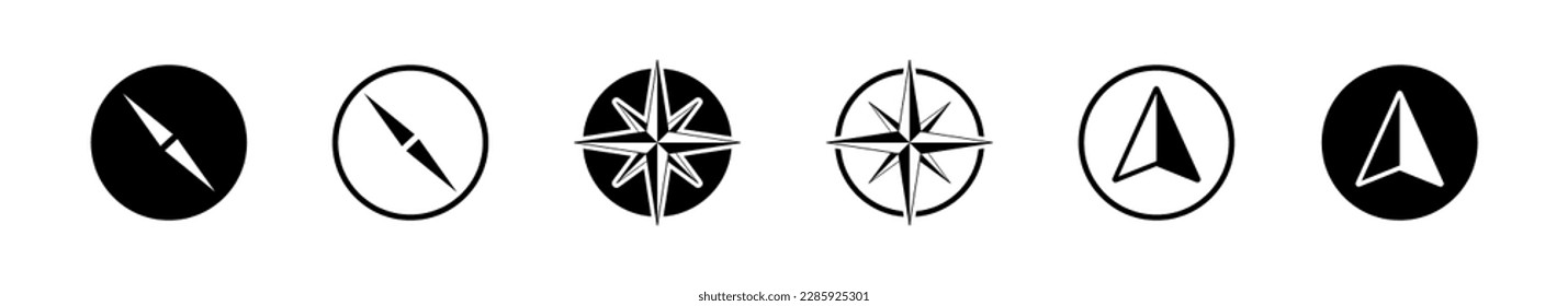 Black compass vector icon set. Compass with black arrow. North sign.