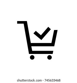 Black completed Order Shopping Cart icon with check mark, simple flat design vector pictogram vector for app ads logotype web button ui ux interface elements isolated on white background