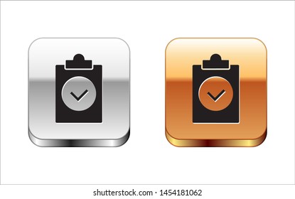 Black Completed task icon isolated on white background. Compliance inspection approved. Checklist sign. Certified document symbol. Silver-gold square button. Vector Illustration