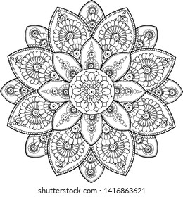 Black complex doodle mandala on a transparent background, for printable coloring
