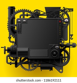 Black complex fantastic machine with gears, levers, pipes on yellow background. Steampunk style template, frame, poster and techno background. Vector 
illustration