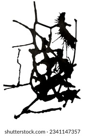 A black complex ink blob with streaks of expressive complex shape. Splashed black paint. Isolated object on a white background. Design element of the design