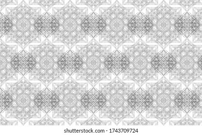Black complex outline of interconnecting lines and shapes makes an intricate repeating pattern on a white background, vector illustration geometric design