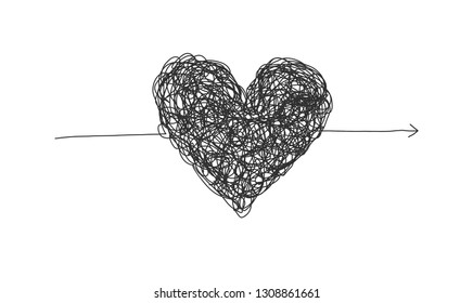 Black complicated lined heart arrow, mess of two colors, chaos of feelings concept. Love symbol for Valentines greeting card design, banner decoration
