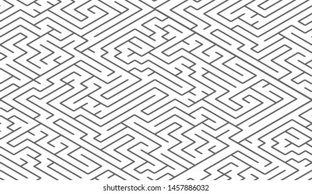 Black complicated maze in isometric view on white, seamless pattern