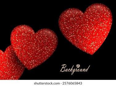 Black composition with a gradient, textural red hearts, multicolored tinsel.