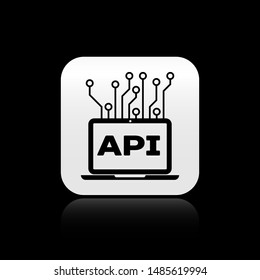 Black Computer api interface icon isolated on black background. Application programming interface API technology. Software integration. Silver square button. Vector Illustration