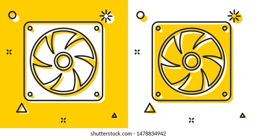 Black Computer cooler icon isolated on yellow and white background. PC hardware fan. Random dynamic shapes. Vector Illustration