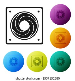 Black Computer cooler icon isolated on white background. PC hardware fan. Set icons colorful circle buttons. Vector Illustration