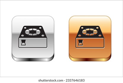 Black Computer cooler icon isolated on white background. PC hardware fan. Silver and gold square buttons. Vector