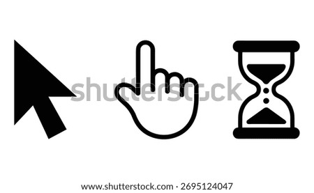 Black computer cursor hand and hourglass icons on white background pointer