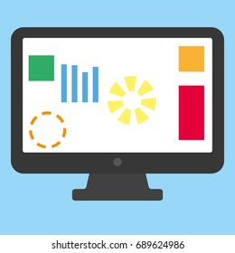 Black Computer desktop with graph and figures on blue background. Desctop computer with info chart graphics vector eps10.