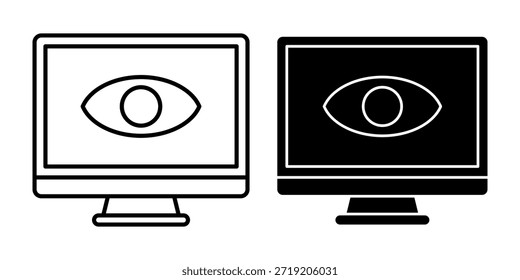 Schwarzes Symbolpaket für die Computerperspektive, das Sichtbarkeit, Vorschau, Überwachung und Inhaltsanzeige darstellt.