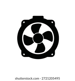 Icono negro del ventilador de la computadora con cuatro cuchillas sobre un fondo blanco.