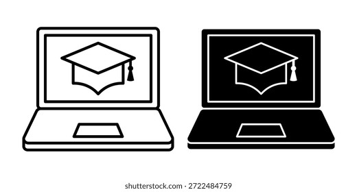 Schwarze Computer-Graduierung Cap-Icon-Paket, das Bildung, Abschluss des Lernens und akademischen Erfolg darstellt.