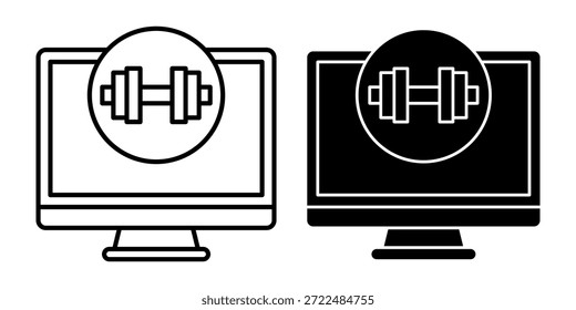 Paquete negro del icono del gimnasio de la computadora que representa el seguimiento de la aptitud, los programas del ejercicio, y las plataformas saludables del estilo de vida.