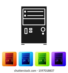 Black Computer icon isolated on white background. PC component sign. Set icons in color square buttons. Vector Illustration