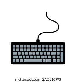 Teclado de computadora negro con teclas grises y un cable negro curvo en un dispositivo de entrada de tecnología de fondo blanco