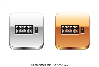 Black Computer keyboard and mouse icon isolated on white background. PC component sign. Silver-gold square button. Vector Illustration