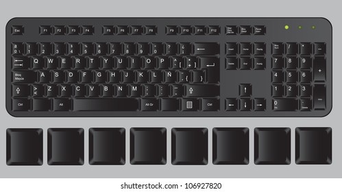 Black computer keyboard on gray background, vector illustration