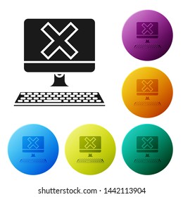 Black Computer with keyboard and x mark icon isolated on white background. Error window, exit button, cancel, 404 error page not found concept. Set icons colorful circle buttons. Vector Illustration
