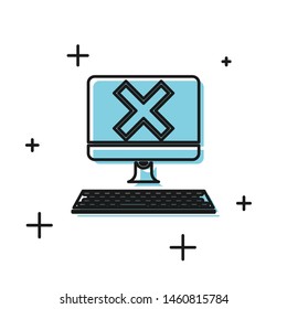 Black Computer with keyboard and x mark icon isolated on white background. Error window, exit button, cancel, 404 error page not found concept.  Vector Illustration