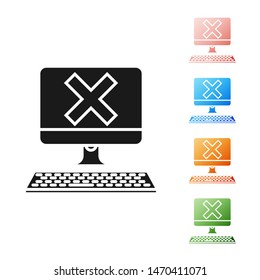 Black Computer with keyboard and x mark icon isolated on white background. Error window, exit button, cancel, 404 error page not found concept. Set icons colorful. Vector Illustration