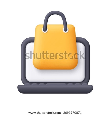 Black computer laptop with yellow shopping bag on white screen. Online shopping, e-commerce, digital marketing, online retail and delivery concept. 3d vector icon. Cartoon minimal style.