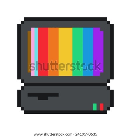 Black Computer with LGBT Pride Rainbow Colored Screen, Pixel Art Icon, Isolated