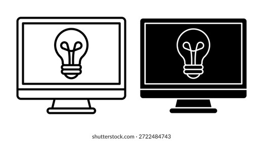 Pacote de ícone de lâmpada de computador preto que representa ideias, criatividade, inovação e inspiração.