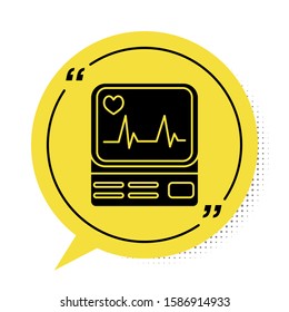 Black Computer monitor with cardiogram icon isolated on white background. Monitoring icon. ECG monitor with heart beat hand drawn. Yellow speech bubble symbol. Vector Illustration