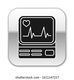 Black Computer monitor with cardiogram icon isolated on white background. Monitoring icon. ECG monitor with heart beat hand drawn. Silver square button. Vector Illustration