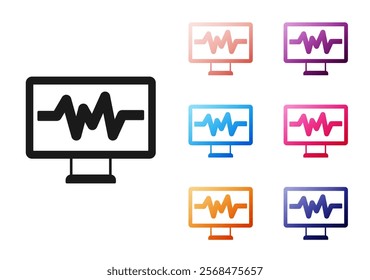 Black Computer monitor with cardiogram icon isolated on white background. Monitoring icon. ECG monitor with heart beat hand drawn. Set icons colorful. Vector