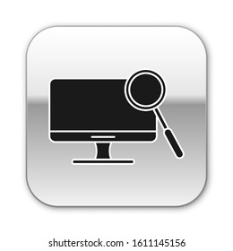 Black Computer monitor diagnostics icon isolated on white background. Adjusting app, service, setting options, maintenance, repair. Silver square button. Vector Illustration