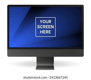 Black computer monitor. Display mockup. Blue and black modern abstract background with gradient waves. Your screen here	
