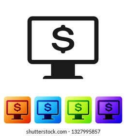 Black Computer monitor with dollar icon isolated on white background. Internet financial security concept, online finance protection. Set icon in color square buttons. Vector Illustration