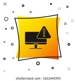 Black Computer monitor with exclamation mark icon isolated on white background. Alert message smartphone notification. Yellow square button. Vector Illustration