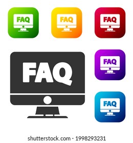 Black Computer monitor and FAQ icon isolated on white background. Adjusting, service, setting, maintenance, repair, fixing. Set icons in color square buttons. Vector Illustration