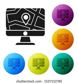 Black Computer monitor and folded map with location marker icon isolated on white background. Set icons colorful circle buttons. Vector Illustration