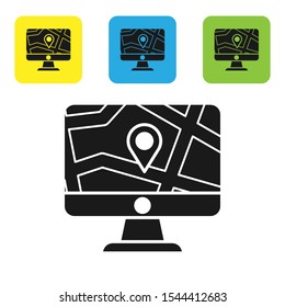 Black Computer monitor and folded map with location marker icon isolated on white background. Set of colorful square icon buttons. Vector Illustration