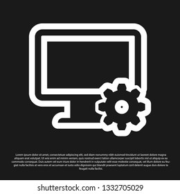 Black Computer monitor and gear icon isolated on black background. Adjusting app, setting options, maintenance, repair, fixing monitor concepts. Vector Illustration