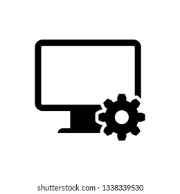 Black Computer monitor and gear icon isolated on white background. Adjusting app, setting options, maintenance, repair, fixing monitor concepts. Vector Illustration
