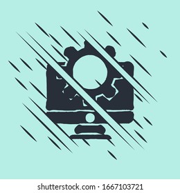 Black Computer monitor and gear icon isolated on green background. Adjusting, service, setting, maintenance, repair, fixing. Glitch style. Vector Illustration