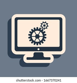 Black Computer monitor and gears icon isolated on grey background. 