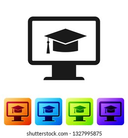 Black Computer monitor with graduation cap icon isolated on white background. Online learning or e-learning concept. Internet knowledge symbol. Set icon in color square buttons. Vector Illustration