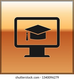 Black Computer monitor with graduation cap icon isolated on gold background. Online learning or e-learning concept. Internet knowledge symbol. Vector Illustration