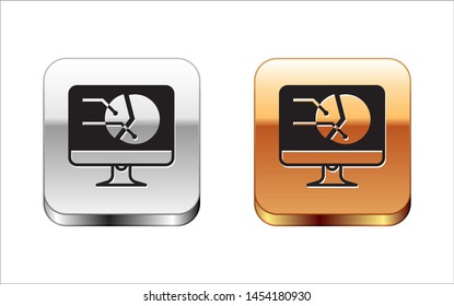 Black Computer monitor with graph chart icon isolated on white background. Report text file icon. Accounting sign. Audit, analysis, planning. Silver-gold square button. Vector Illustration