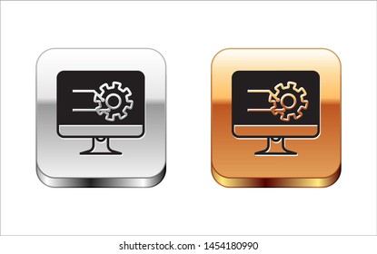 Black Computer monitor with graph chart icon isolated on white background. Report text file icon. Accounting sign. Audit, analysis, planning. Silver-gold square button. Vector Illustration