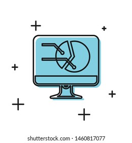 Black Computer monitor with graph chart icon isolated on white background. Report text file icon. Accounting sign. Audit, analysis, planning.  Vector Illustration